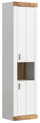 Badhängeschrank LAREDO - 45 cm in Weiß Matt - Badezimmerschrank im Landhausstil mit 2 Türen, 5 Regalfächern und einem offenen Fach. Ideal zur stilvollen Ordnung im Bad.