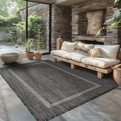 Carpettex Outdoor Teppich Wetterfest 160x230 cm Sisal Optik Schwarz - Ideal für Balkon, Garten, Terrasse und als Küchenteppich - Draußen Teppich Waschbar, Flachgewebe, Wasserfest, Pflegeleicht