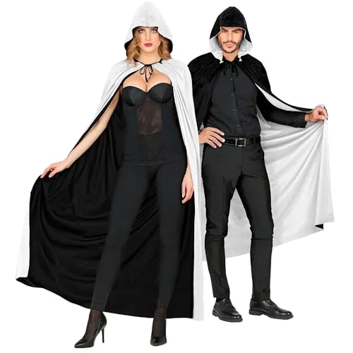 Widmann 3587B, Halloween Wendeumhang - Umhang für Damen 140 cm mit Kapuze, schwarz/weiß
