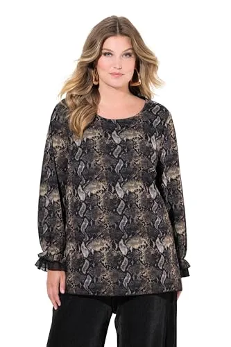 MIAMODA Damen große Größen Übergrößen Plus Size Bluse, Mesh mit Alloverdruck, weiter Langarm schilfgrün 52 836328196-52