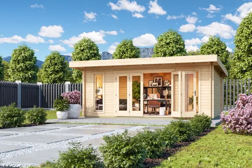 Gartenhaus Blockhaus Holzhaus SUSSEX 2 - Home Office - Geräumiges Gartenhaus mit 11 m², ideal als Home Office. Naturbelassenes Holz, einfache Montage und abschließbare Falttür sorgen für Komfort und Sicherheit.