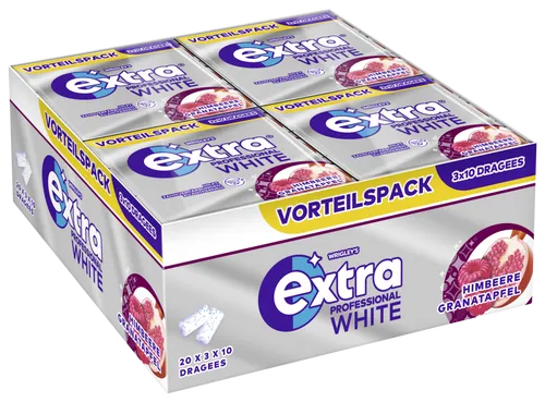 EXTRA PROFESSIONAL Kaugummi White Himbeere Granatapfel 20x(3x10) Dragees - Leckerer Kaugummi mit fruchtigem Himbeer-Granatapfel-Geschmack, ideal für den Genuss unterwegs. Perfekt für Süßigkeiten-Liebhaber!