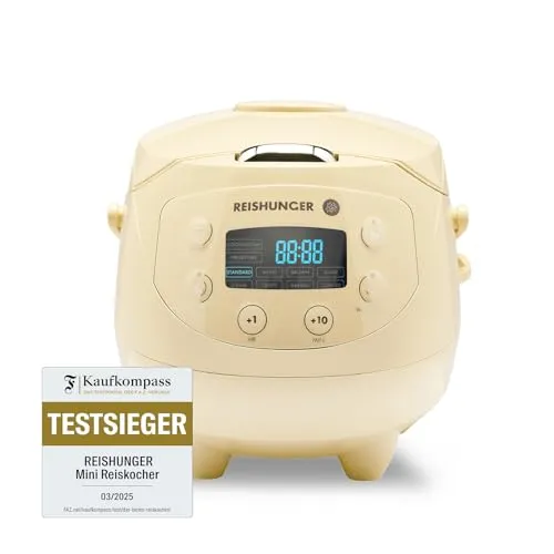 Reishunger Digitaler Mini Reiskocher - 350 W mit Dämpfeinsatz und Timer - Reiskocher für 3 Portionen, 7-Phasen-Kochtechnologie für perfekten Reis und Nährstofferhalt, inklusive Dämpfeinsatz für Gemüse und mehr.