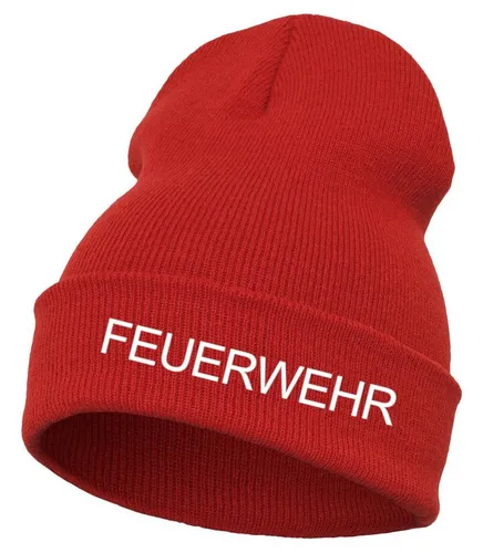 Schnoschi Strickmütze Strickmütze mit breiten Umschlag (Beanie Mütze) mit Feuerwehr bestickt mit Umschlag