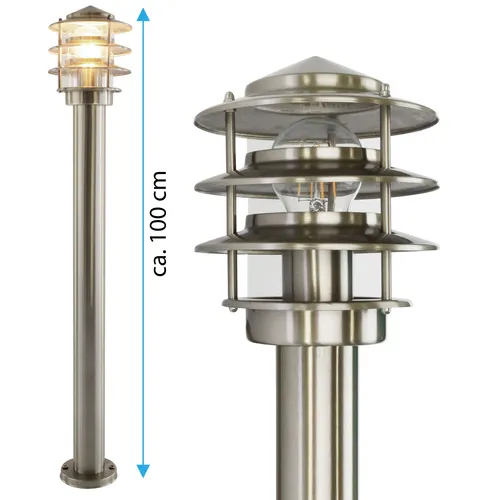 Edelstahl E27 Außenstandleuchte 249-1000 - Moderne Standleuchte aus Edelstahl und Glas, 100 cm hoch, IP44 wetterfest. Ideal für Garten- und Wegbeleuchtung mit E27-Fassung für individuelle Lichtgestaltung.