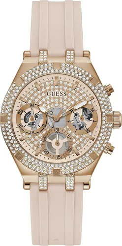 GUESS Damen Analog Uhr GW0407L3 mit Silikon Armband - Elegante Armbanduhr mit 38 mm Edelstahlgehäuse und glitzerndem Zifferblatt. Multifunktionale Hilfszifferblätter zeigen Tag, Datum und 24 Stunden an. Wasserdicht bis 50 Meter, ideal für Freizeitaktivitäten.
