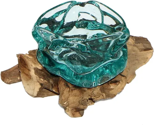 Wogeka Aschenbecher aus Glas auf Wurzelholz - Teakholz Gamal Bali - Eleganter Aschenbecher aus Glas auf stilvollem Teakholz, ideal für ein geschmackvolles Ambiente und perfekten Halt.