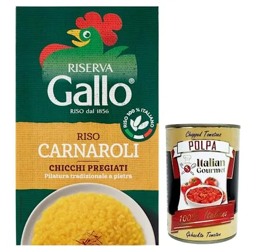 Gallo Riso Riserva Carnaroli,100% Italienischer Reis,Kochzeit 15 Minuten,Ideal für Risottos,Packung mit 1Kg + Italian Gourmet Polpa di Pomodoro 400g Dose