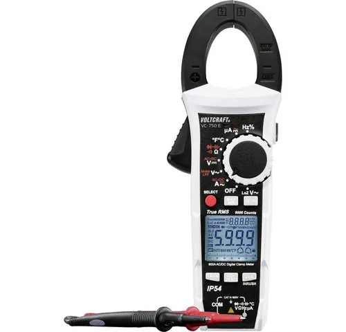 VOLTCRAFT VC-750 E Stromzange - Spritzwassergeschütztes Hand-Multimeter (IP54) mit 6000 Counts, ideal für präzise Messungen in anspruchsvollen Umgebungen, CAT IV 600 V für höchste Sicherheit.