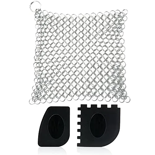 BBQ-Toro 3-teiliges Reinigungs Set für Dutch Oven | mit Ringreiniger und Grill Schaber Gusseisen Reinigungsset | Pflegeset für Gusseisen | Grillschaber Kunststoff, Kettenreiniger Edelstahl