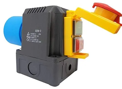 Schalter- Stecker Kombination DZ08-2 230V mit NotAus Klappe - Schutzkontaktstecker mit robustem Gehäuse, TÜV geprüft und ausgestattet mit NotAus Klappe für extra Sicherheit und Schutz.