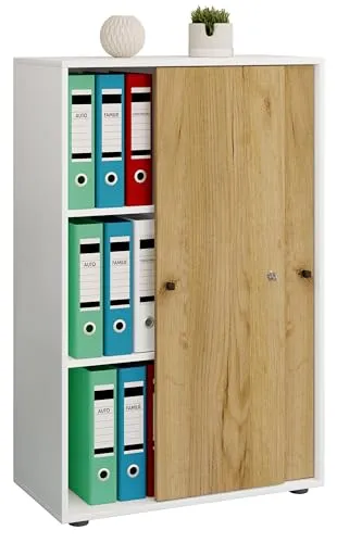 VCM Aktenschrank Lona mit Schiebetüren - Büroschrank mit 3 Fächern, abschließbaren Schiebetüren und variablen Fachböden für optimale Ordnung und Sicherheit in Ihrem Büro.