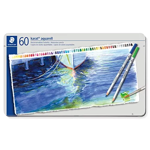 STAEDTLER aquarell Buntstifte karat aquarell, wasservermalbare, weiche und farbintensive Mine, für unterschiedliche Trocken- und Nasstechniken, 60 Aquarellstifte im Metalletui, 125 M60