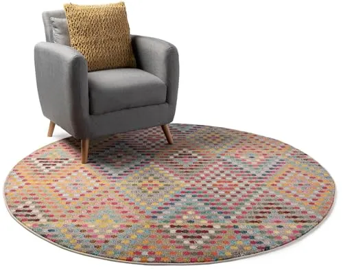 benuta Nest Casa Multicolor Teppich - 120 cm Rund, pflegeleicht und robust - Teppiche: Moderner Kurzflor-Teppich CASA mit farbenfrohem Vintage-Design, ideal für lebendige Haushalte. Wasserbeständig und schadstoffgeprüft.