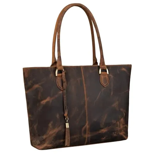 STILORD 'Callie' Echt Leder Shopper Tasche Damen Handtasche Groß - Tote Bag Leder-Tasche Vintage Schultertasche Frauen Henkeltasche Arbeitstasche mit Laptopfach 15.6 Zoll, Farbe:avani - braun