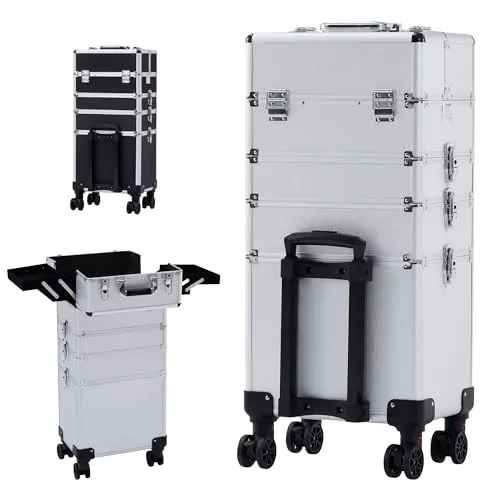 Arebos 4-in-1 Kosmetikkoffer - 66 Liter Volumen, robust mit 8 Schlössern, elegant mit Samtfutter und 360° Rollen für einfachen Transport