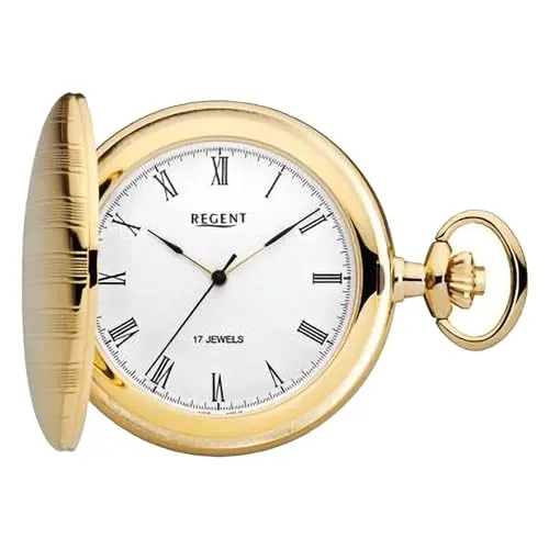 Regent Herren Taschenuhr Savonnette Goldfarben 47 MM - Elegante mechanische Taschenuhr mit Klappdeckel, goldfarbenem Gehäuse und römischen Zahlen. Ideal für stilbewusste Herren, die klassische Zeitmesser schätzen.