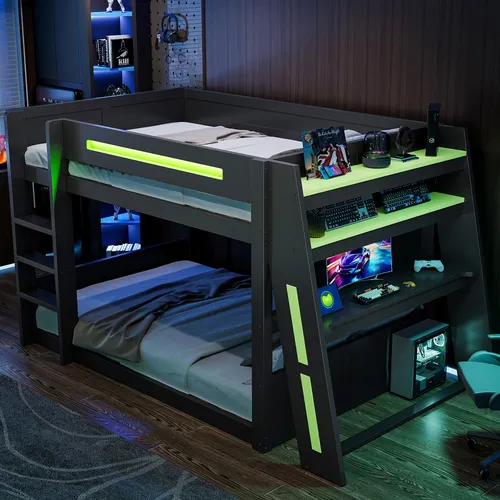 okwish Jugendbett 140x200 mit Schreibtisch und LED-Beleuchtung - Multifunktionales Etagenbett mit integriertem Arbeitsplatz und USB-Anschluss. Ideal für Gamer und Schüler – platzsparend und perfekt organisiert für Spiel und Lernen.