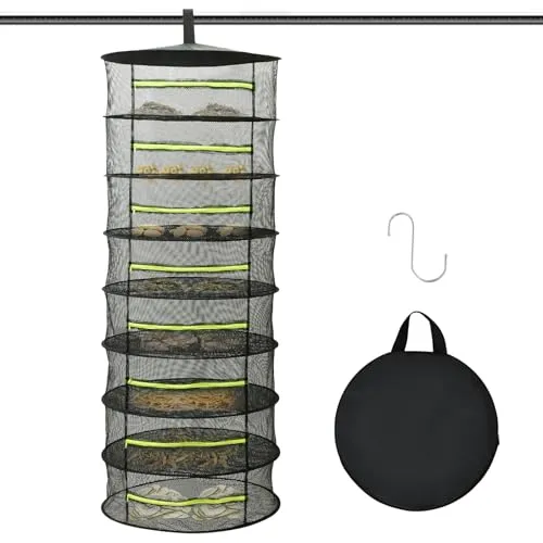 BAODBF 8 Lagiges Trockennetz Kräuter,Trocknungsnetz Grow mit Ständer,Kräutertrockner Hängend,Kräuter Trocknen Netz mit S Haken,Klappbar Hängendes Netz für Getrocknetem Blumen,Fisch,Fleisch,Breite 60CM