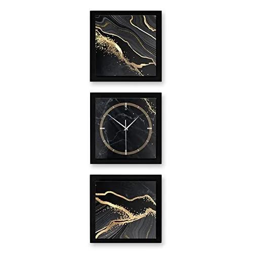 3D Designer-Wanduhr Gold & Black Marble 3-teilige Funkuhr 90x30cm Schwarz in modernem Metallic-Look rechteckig ohne Tickgeräusche (Gold & Black Marble Hochformatformat, 90x30cm; leises Funkuhrwerk)