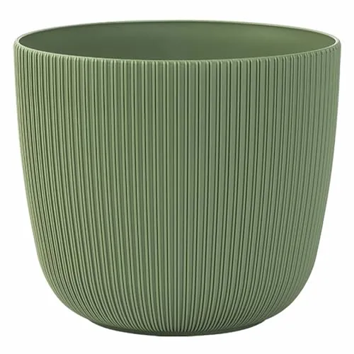 Engelland - 1 x Blumentopf mit Drainagesystem, Moos-Grün, Rillenoptik, Pflanz-Topf, Kübel, modern, widerstandsfähig, rund, wetterfest, Kunststoff, Ø 34 cm, 20 Liter