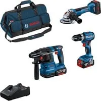 Bosch Combo-Kit 0615A5004C: 18V Akku mit Bohrhammer, Schlagbohrschrauber und Winkelschleifer