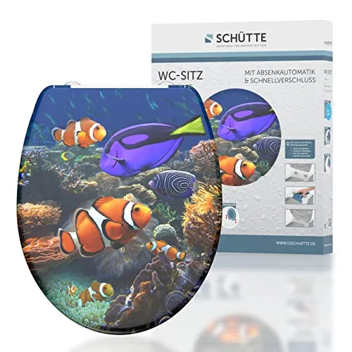 Schütte WC-Sitz SEA LIFE - Bruchsicherer Toilettendeckel mit Absenkautomatik - Toilettendeckel mit buntem Strandmotiv, kratzfest und hohe Belastbarkeit. Ideal für Familienbäder, einfache Selbstmontage und Quick Release Halterung.