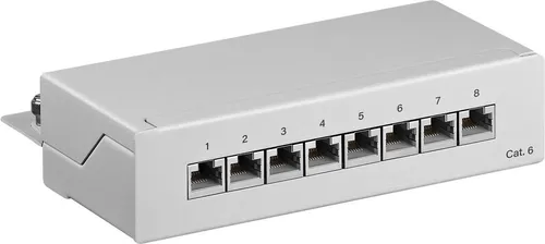 Goobay 93047 CAT 6 Mini/ Desktop Patch Panel, 8 Port, Grau - Praktisches 8-Port Patch Panel für CAT 6 Netzwerkkabel, ideal für einfache Montage ohne Werkzeug. Mit geschirmten Ports und nummerierten Anschlüssen für optimale Kabelorganisation.