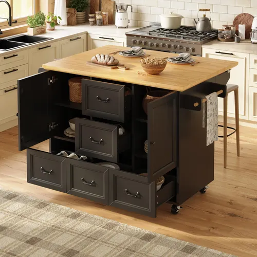 okwish Ausziehbarer Kücheninsel Beistellschrank mit Handtuchhalter und Gewürzregal,Sideboard auf Rollen mit verstellbare Einlegeböden,Schubladen und Türgriffe,schwarz