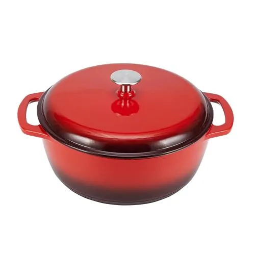 Amazon Basics Rund, Schmortopf aus emailliertem Gusseisen, 5.7 l, Rot