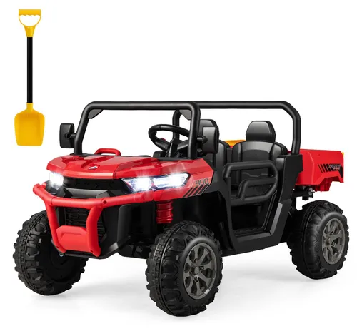 COSTWAY 2 Sitzer Elektroauto mit automatischer Ladefläche, 12V Kinder Muldenkipper 3-8km/h mit Musik Hupen Scheinwerfer Fernbedienung & Schaufel, Rot