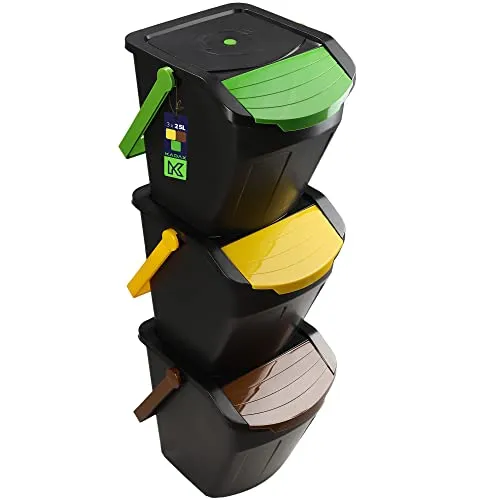 KADAX Recycling-Eimer 25L - 3er Set für einfache Mülltrennung - Haushaltszubehör: Praktisches 3er Set aus robustem Kunststoff für effektive Mülltrennung mit modernen Farben und ergonomischen Griffen, ideal für Zuhause oder Büro.