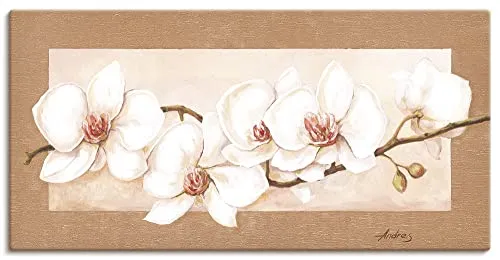 ARTLAND Wanddeko Leinwand Bilder Wandbild 60x30 cm + weitere Größen Gemälde Blumenbilder Orchidee Beige T3MQ