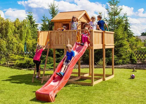 FUNGOO Spielturm My SPACE XL mit Schaukel & Rutsche rot - Spielplatz für Kinder ab 3 Jahren, inklusive 2,9 m langer Rutsche und FSC®-zertifiziertem Massivholz. Ideal für Abenteuer im eigenen Garten!