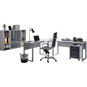 BMG-Möbel Büromöbel-Set Tabor Office 2 – Schreibtisch, Schrank & 2 Regale - Komplettprogramm für Arbeitszimmer, stabiler Eckschreibtisch mit Sichtschutz und abschließbarem Rollcontainer – perfekt organisiert und sicher.