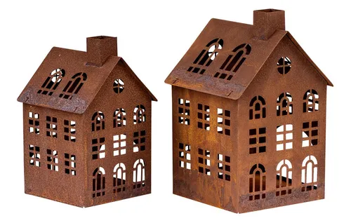 Levandeo® Kerzenlaterne, 2er Set Laterne Haus H19-23cm Metall Rost Deko Windlicht Shabby Chic