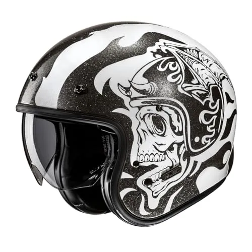 HJC V31 Flame Retro Vintage Jethelm L - Schwarz-Weiß - Motorradhelm in Retro-Design mit kratzfestem Visier und leichtem Glasfaser-Material. Ideal für alle Jahreszeiten, inklusive Aufbewahrungstasche und Straßenzulassung.