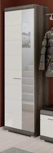 Inn.Furn Garderobenschrank weiß Hochglanz, grau 62 cm mit Spiegel Shawn - Drohnen - Moderner Garderobenschrank in elegantem Design, der viel Stauraum bei wenig Platzbedarf bietet und pflegeleicht ist.