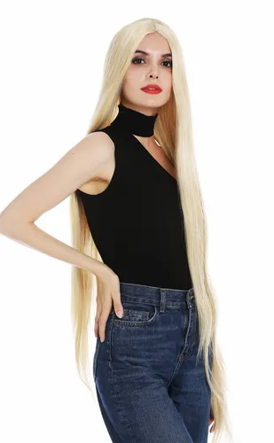 Perücke Damen Frauen sehr lang 120cm glatt sleek Mittelscheitel Blond Goldblond