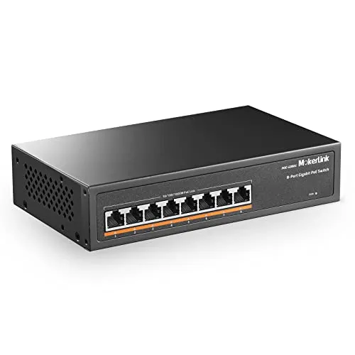 MokerLink 8 Port Gigabit PoE Switch, 8 PoE+ Ports 1000Mbps, 802.3af/at 120W, Unmanaged Plug and Play, Robustes Metall Ohne Lüfter