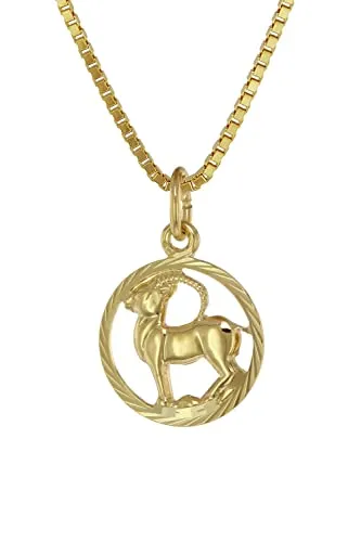trendor Kette mit Anhänger Steinbock aus 333 Gold - Elegante Halskette mit Tierkreiszeichen-Anhänger Steinbock, aus 8-karätigem Gold 333, poliertes Design, goldplattierte Venezianerkette für Kinder, inklusive Pflegetuch und Geschenkbox.