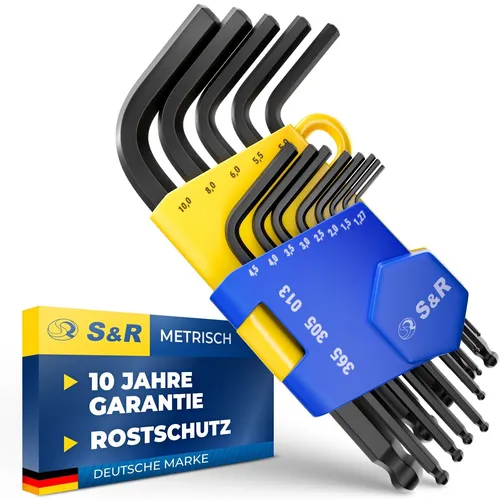 S&R Innensechskantschlüssel Satz HX 13-tlg, Winkelschlüssel mit Kugelkopf, Metrisch 1,27 bis 10 mm, Cr-V Stahl gehärtet, rostfrei, kurz, Sechskantschlüssel Halter, kompaktes Fahrrad Werkzeug Set