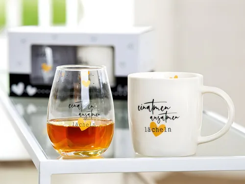 GILDE Geschirr-Set Porzellan/Glas 2er Set einatmen/ausatmen/lächeln (2-tlg), Porzellan & Glas, Charmante Geschenkidee - spülmaschinengeeignet