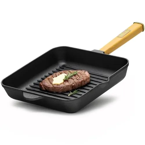 4BIG.fun Grillpfanne 28 cm mit Holzgriff - Gusseisen-Pfanne für Gasgrill, Backofen und alle Herdarten, sorgt für optimale Hitzeverteilung und perfekte Bratergebnisse ohne chemische Beschichtung.