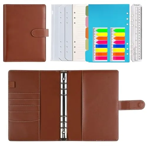 Ringbuch A5 6 Löcher Binder Notizbuch, PU Leder Loseblatt Notebook, Ringbinder Planer mit Füllpapier/Bindertaschen/Papierblatt für Filofax Notizen DIY Bullet Journal Skizze,Braun
