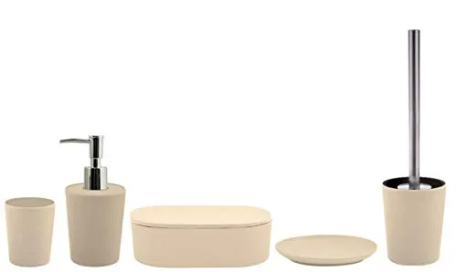 Spirella Badezimmer Set, 5-teiliges Badzubehör aus Bambus Takeo Seifenspender, WC Bürste, Seifenschale, Aufbewahrungsdose und Zahnputzbecher Sand