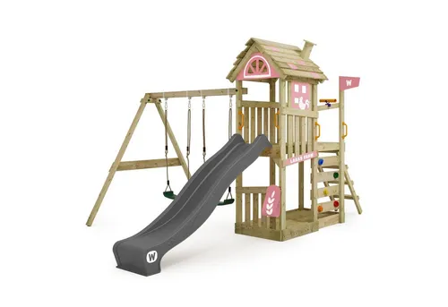 WICKEY Spielturm Klettergerüst FarmFlyer mit Schaukel & Rutsche - Schaukeln für den Garten: Der FarmFlyer bietet einen großen Sandkasten, eine Kinderschaukel und eine stabile Konstruktion aus europäischem Holz für unvergessliche Kindheitserlebnisse.