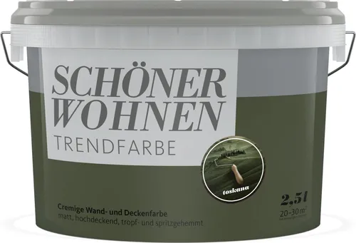 SCHÖNER WOHNEN Trendfarbe Wandfarbe Deckenfarbe toskana 2,5 l - Farben für Innenräume: Schmutzabweisend, matt mit hoher Deckkraft, ideal für Beton und Gipsputz, reicht für 21-30 m², schnell trocknend in nur 6 Stunden.