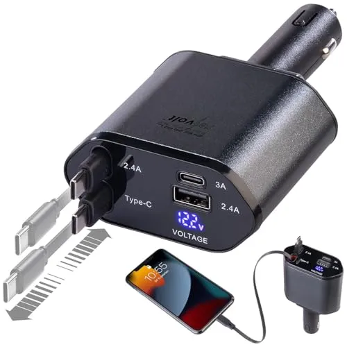 revolt Ladegeraet: 4in1-Kfz-USB-Ladegerät, USB-C & USB-A, 2 ausziehbare USB-C-Kabel, 66 W (Ladegerät für Navi, mit Aufrollfunktion)