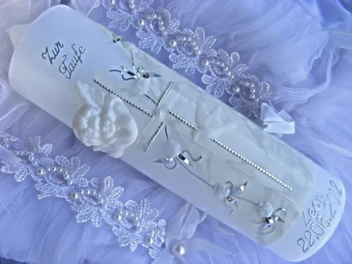 kerzenzauber-lusine Taufkerze Kommunionkerze Junges Mädchen 250/70 mm VT-08 inklusive Zubehör zum Selbstbeschriften